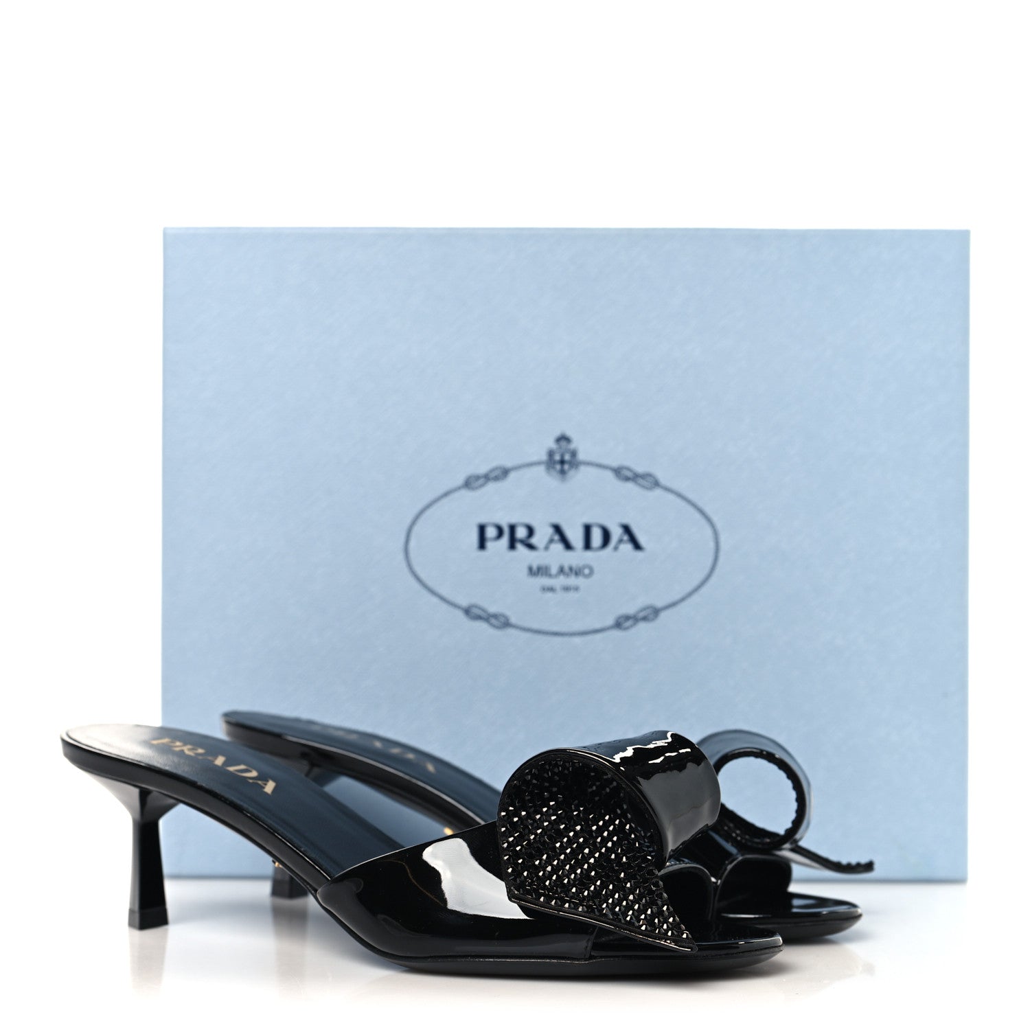 Prada Vernice Crystal Bow Pumps 39 Black