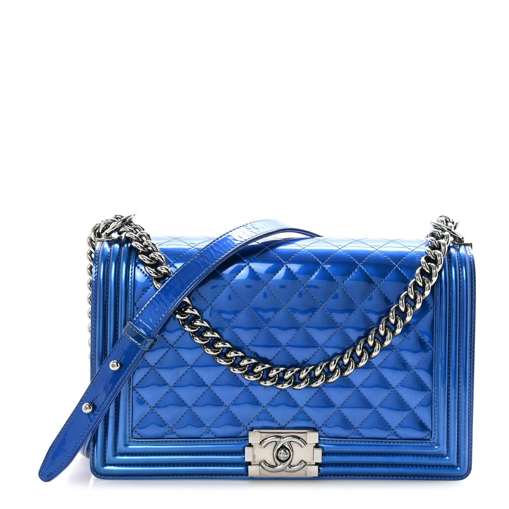 Chanel Metallic Patent Quilted New Medium Boy Flap Blue