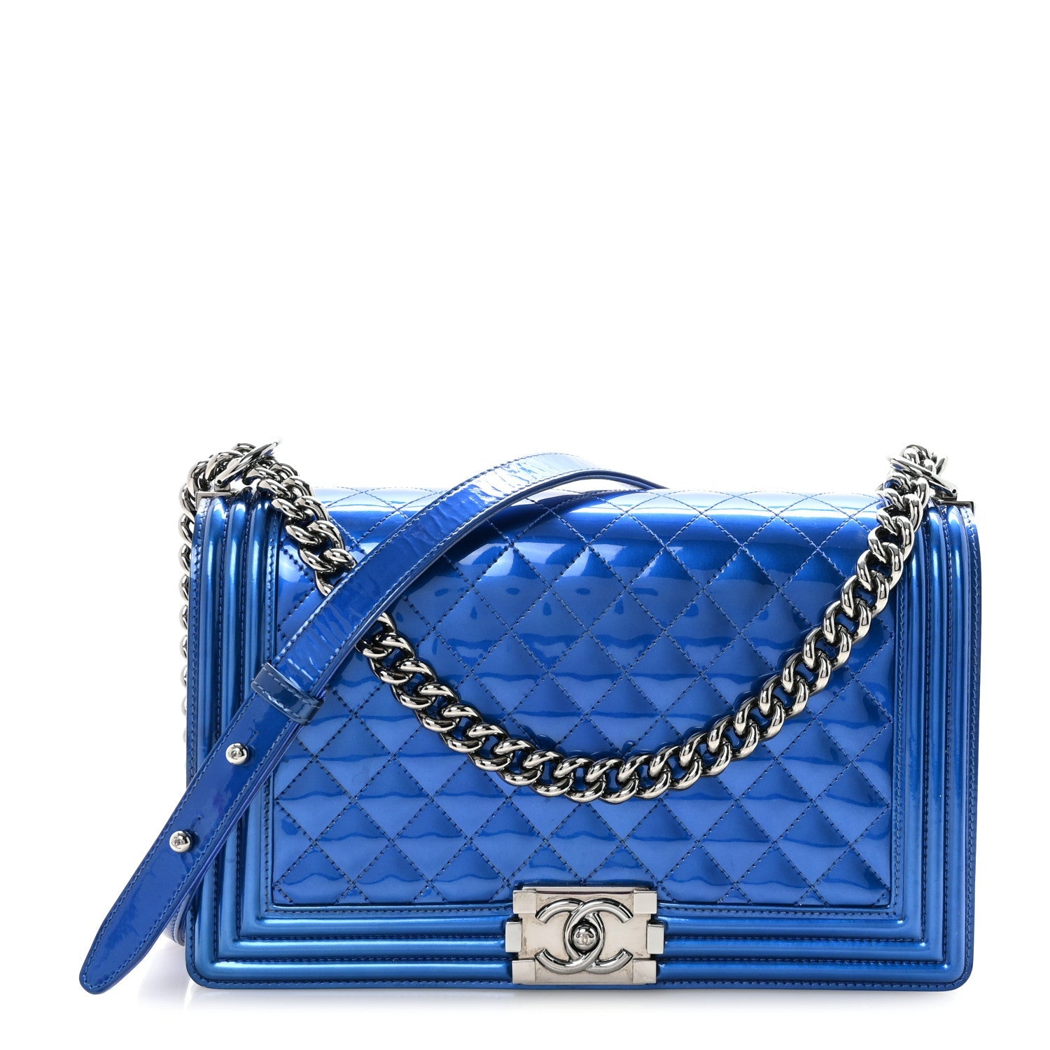 Chanel Metallic Patent Quilted New Medium Boy Flap Blue