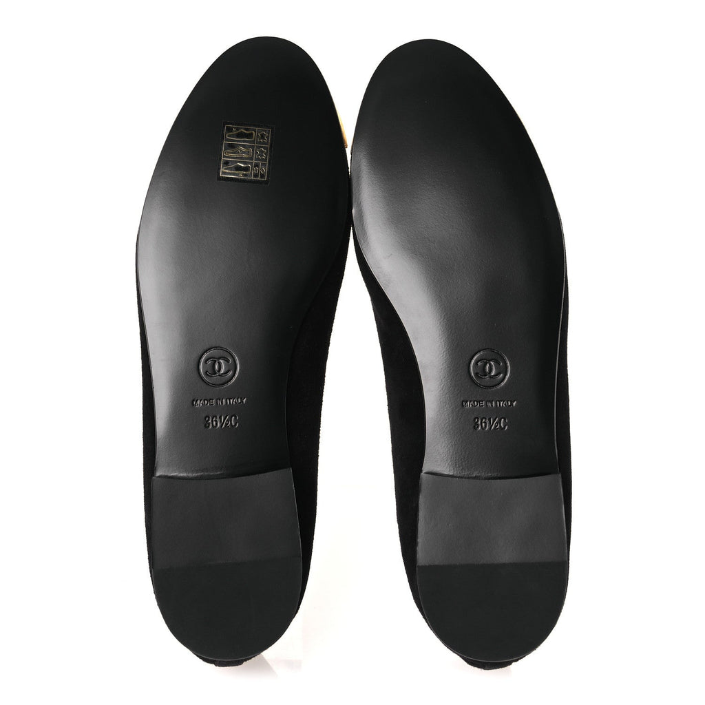 Chanel Suede Crackled Laminated Calfskin Cap Toe Ballerina Flats 36.5 Black Gold