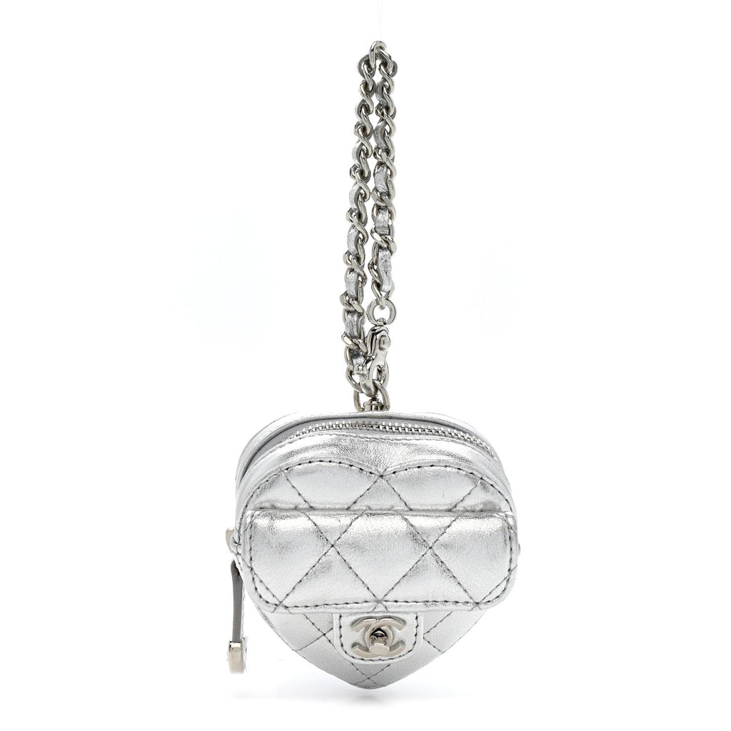 Metallic Lambskin Quilted CC Mini In Love Heart Bag Charm Silver