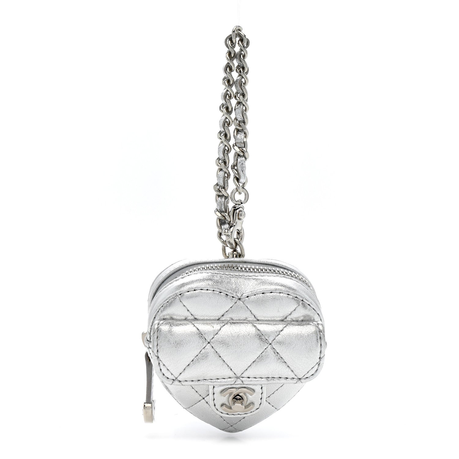 Metallic Lambskin Quilted CC Mini In Love Heart Bag Charm Silver