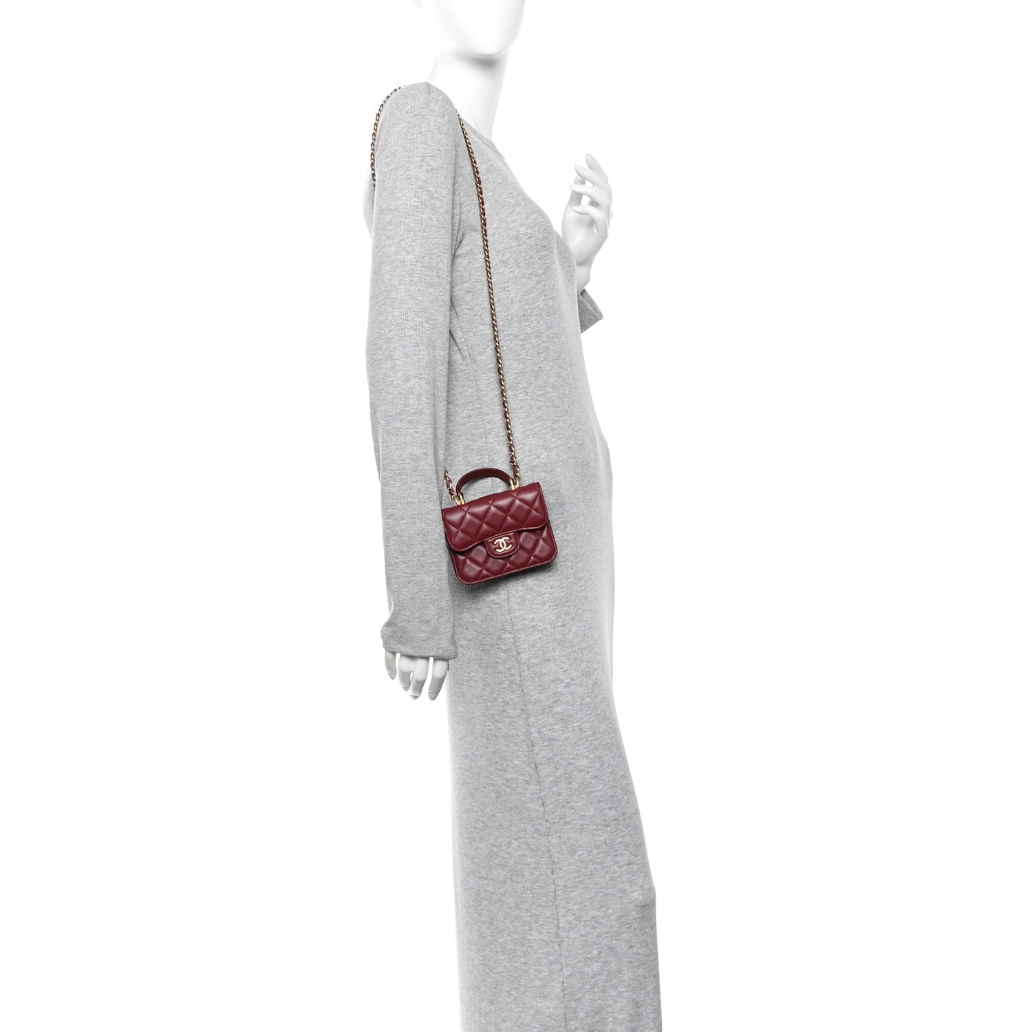 Chanel Lambskin Quilted Top Handle Flap Coin Purse With Chain Burgundy