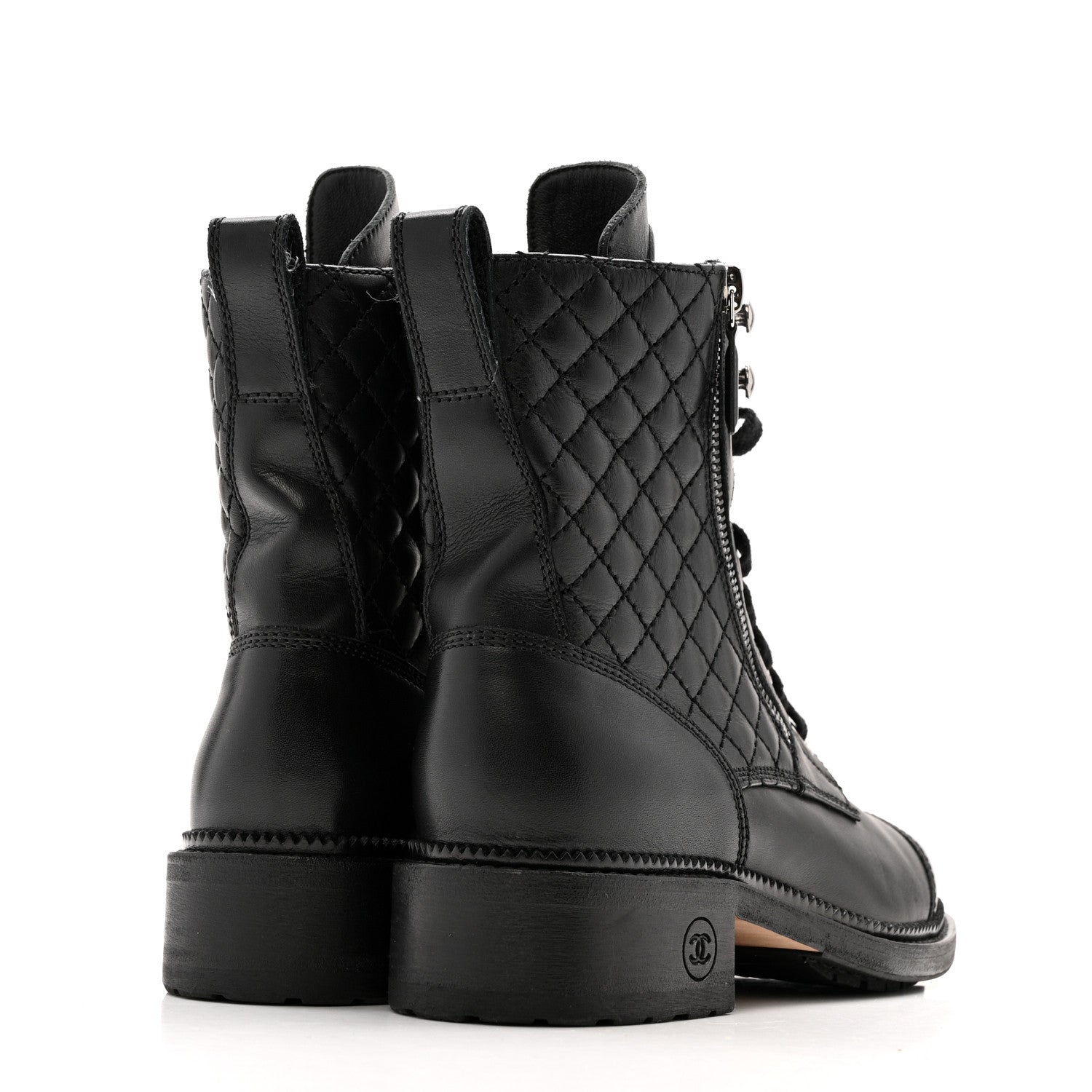 Calfskin Quilted Lace Up Combat Boots 36.5 Black