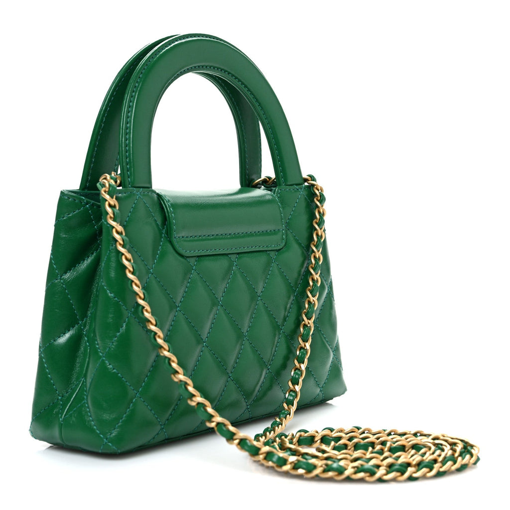 Chanel Shiny Aged Calfskin Quilted Nano Kelly Shopper Green