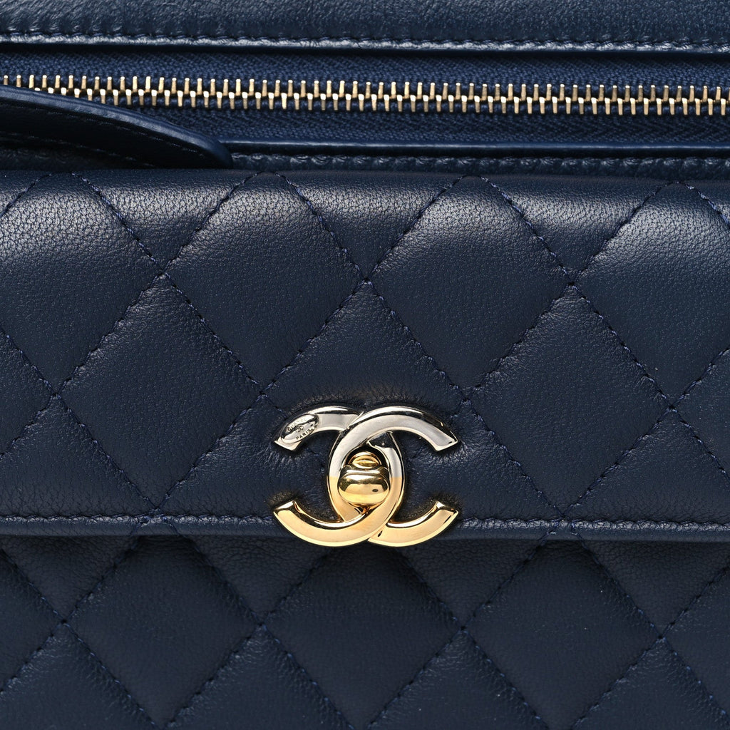 Chanel Lambskin Quilted Square Front Pocket Clutch With Chain Navy Blue
