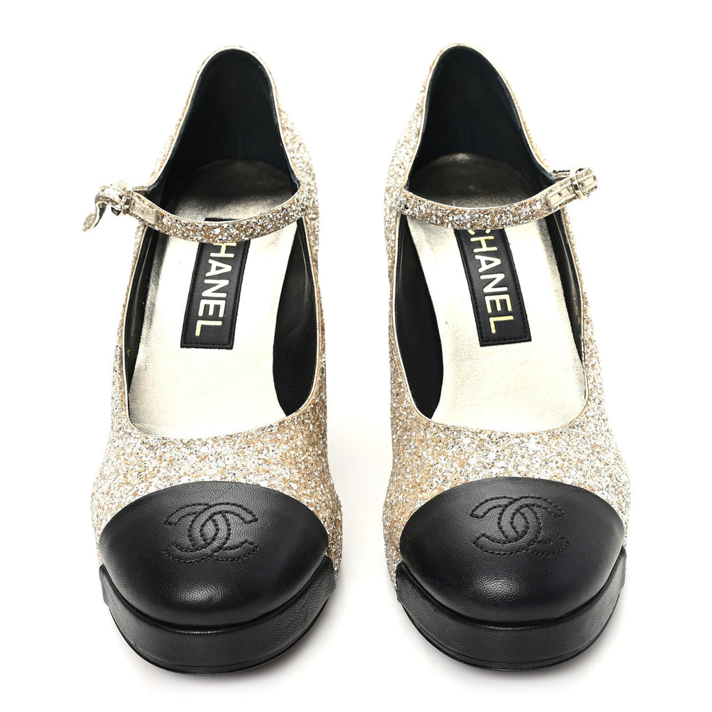 Glitter Lambskin Cap Toe CC Mary Jane Pumps 37.5 Light Gold Black