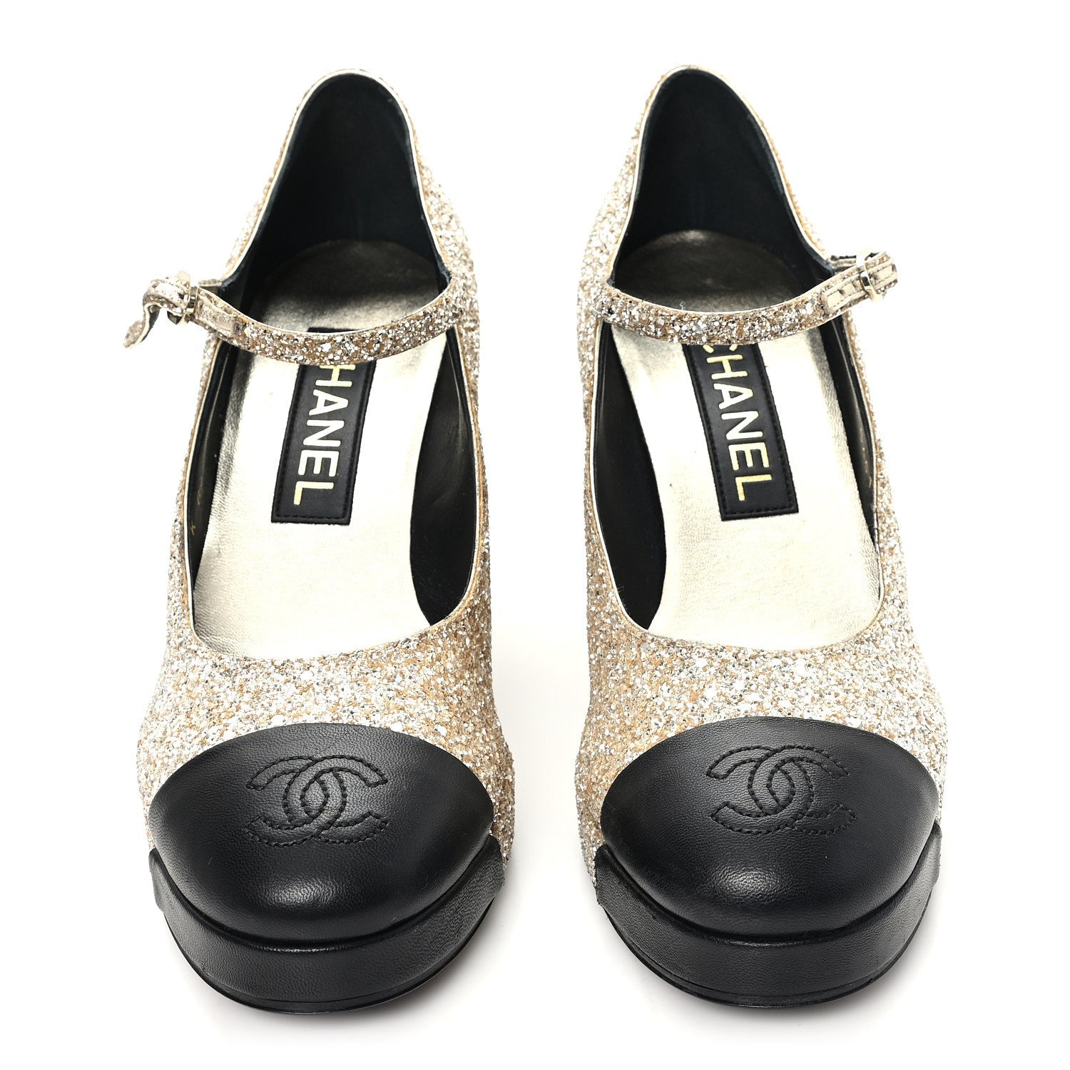 Glitter Lambskin Cap Toe CC Mary Jane Pumps 37.5 Light Gold Black