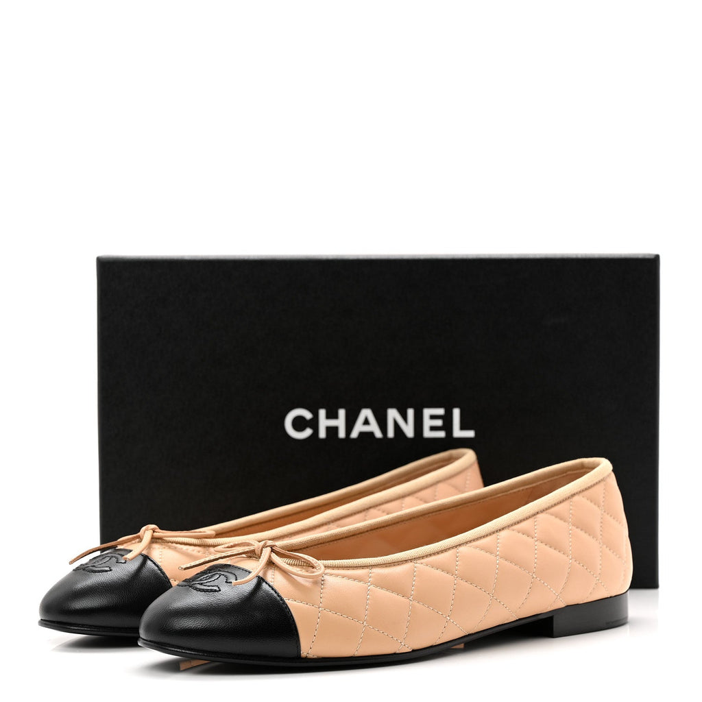 Lambskin Quilted CC Cap Toe Ballerina Flats 40 Beige Black
