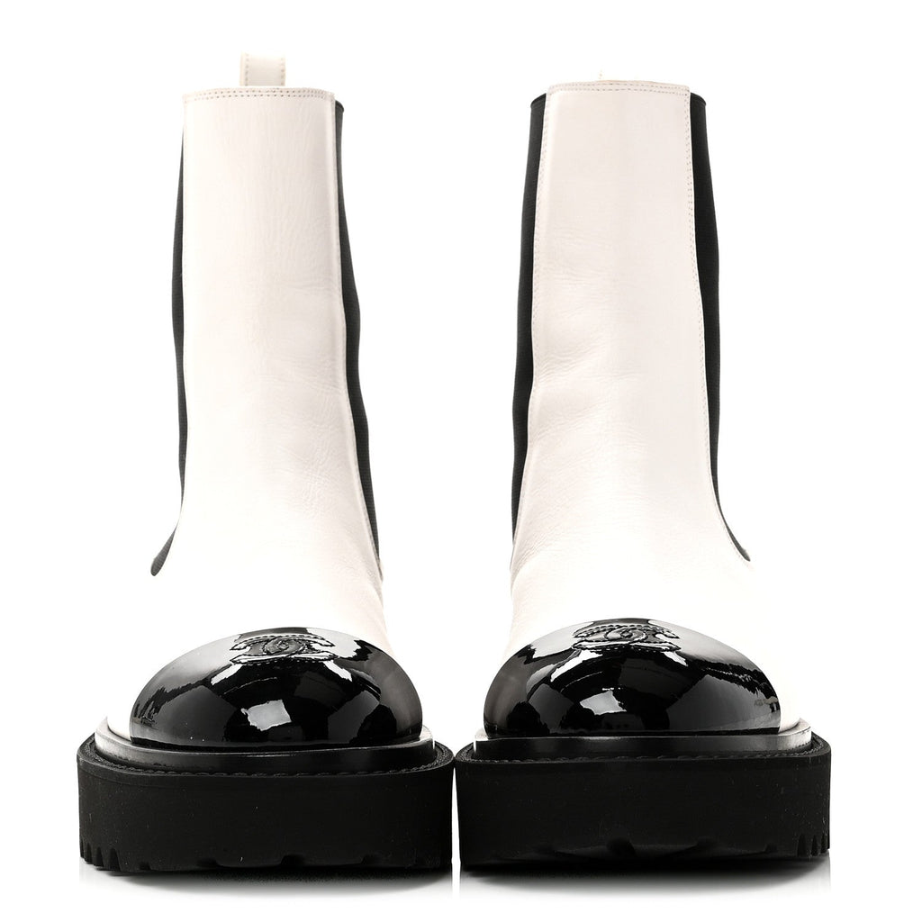 Patent Calfskin Cap Toe CC Ankle Boots 39 White Black