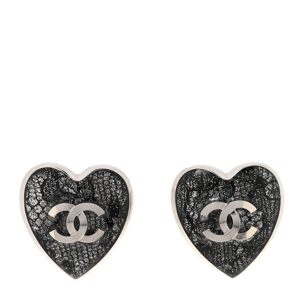 Metal Lace Resin Glass CC Heart Earrings Silver Black
