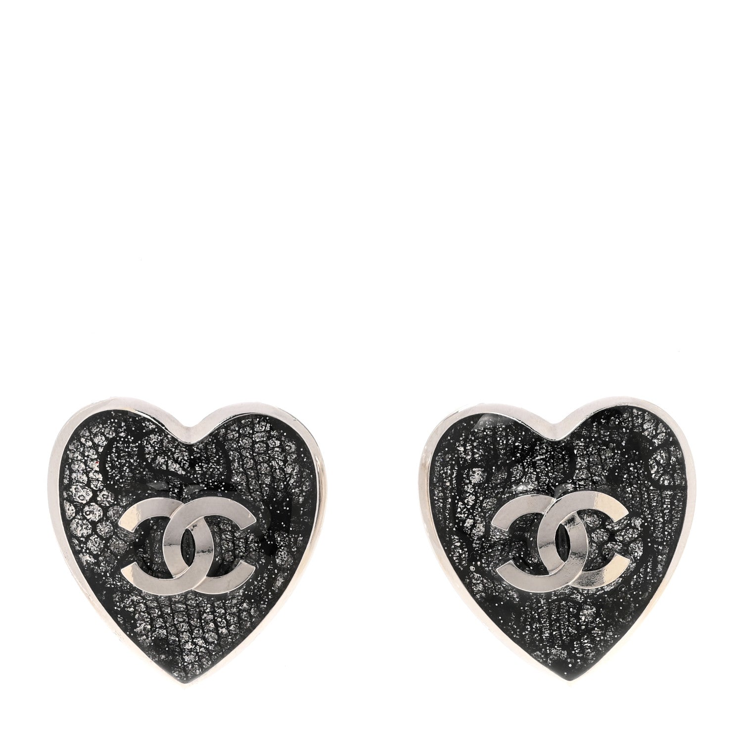 Metal Lace Resin Glass CC Heart Earrings Silver Black