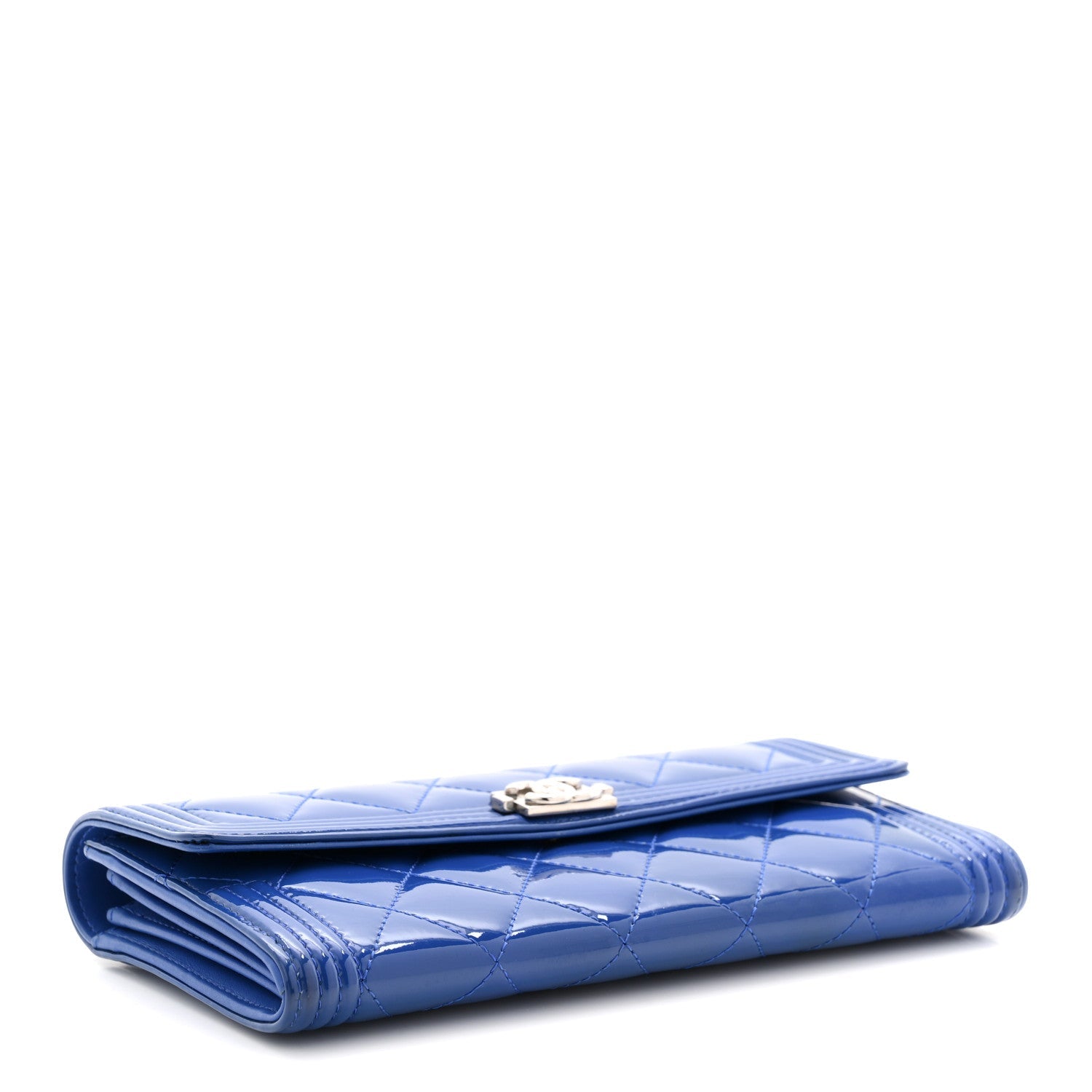 Patent Calfskin Quilted Boy Large Gusset Flap Wallet Blue