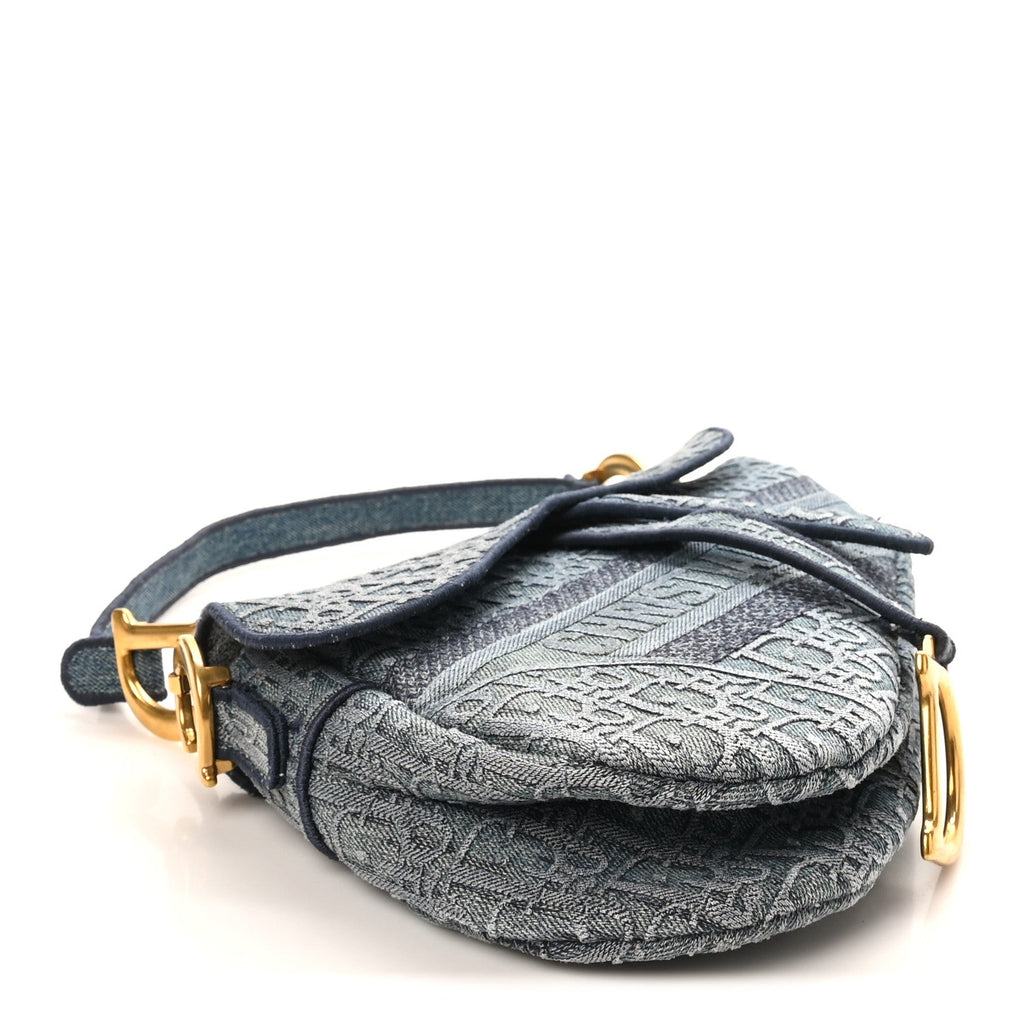 Christian Dior Oblique Embroidered Saddle Bag Denim Blue