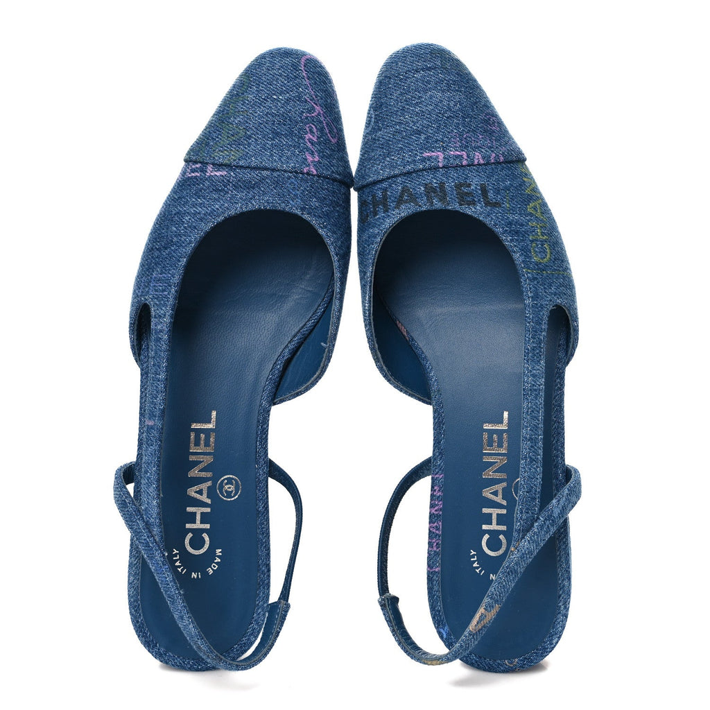 Denim Printed Denim Mood Cap Toe CC Slingback Flats 36 Light Blue Multicolor