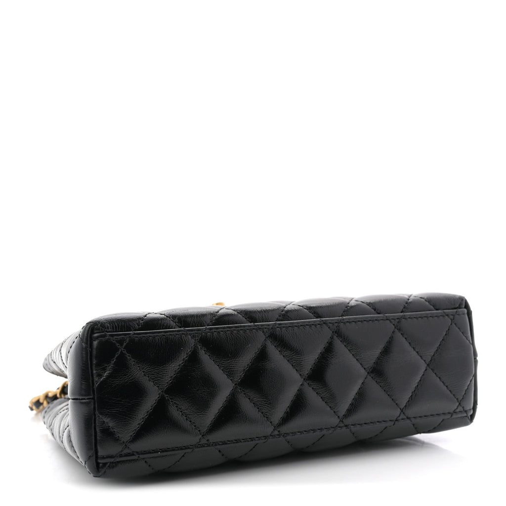 Chanel Shiny Aged Calfskin Quilted Nano Kelly Shopper Black