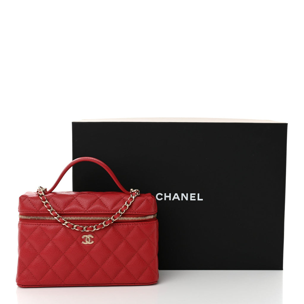 Chanel Caviar Quilted Top Handle Slim Vanity With Chain Red