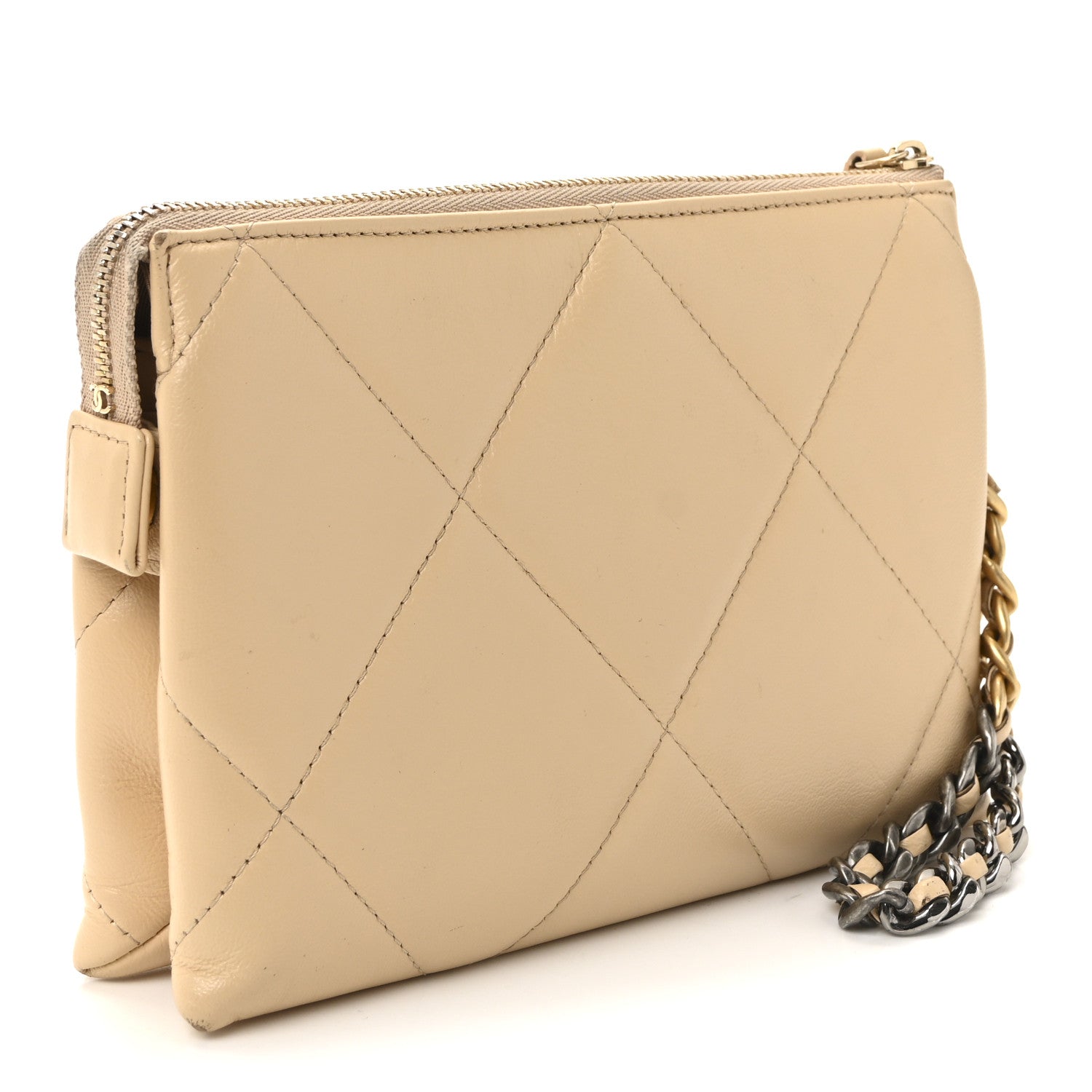 Chanel Shiny Goatskin Quilted Chanel 19 Small Pouch With Handle Beige