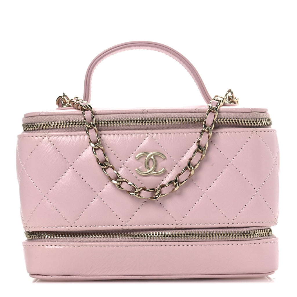 Chanel Shiny Lambskin Quilted Top Handle Vanity Case With Chain Pink