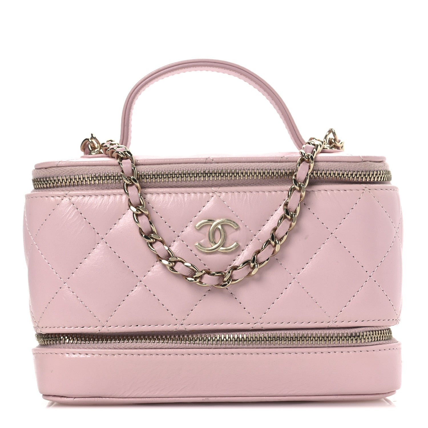 Chanel Shiny Lambskin Quilted Top Handle Vanity Case With Chain Pink