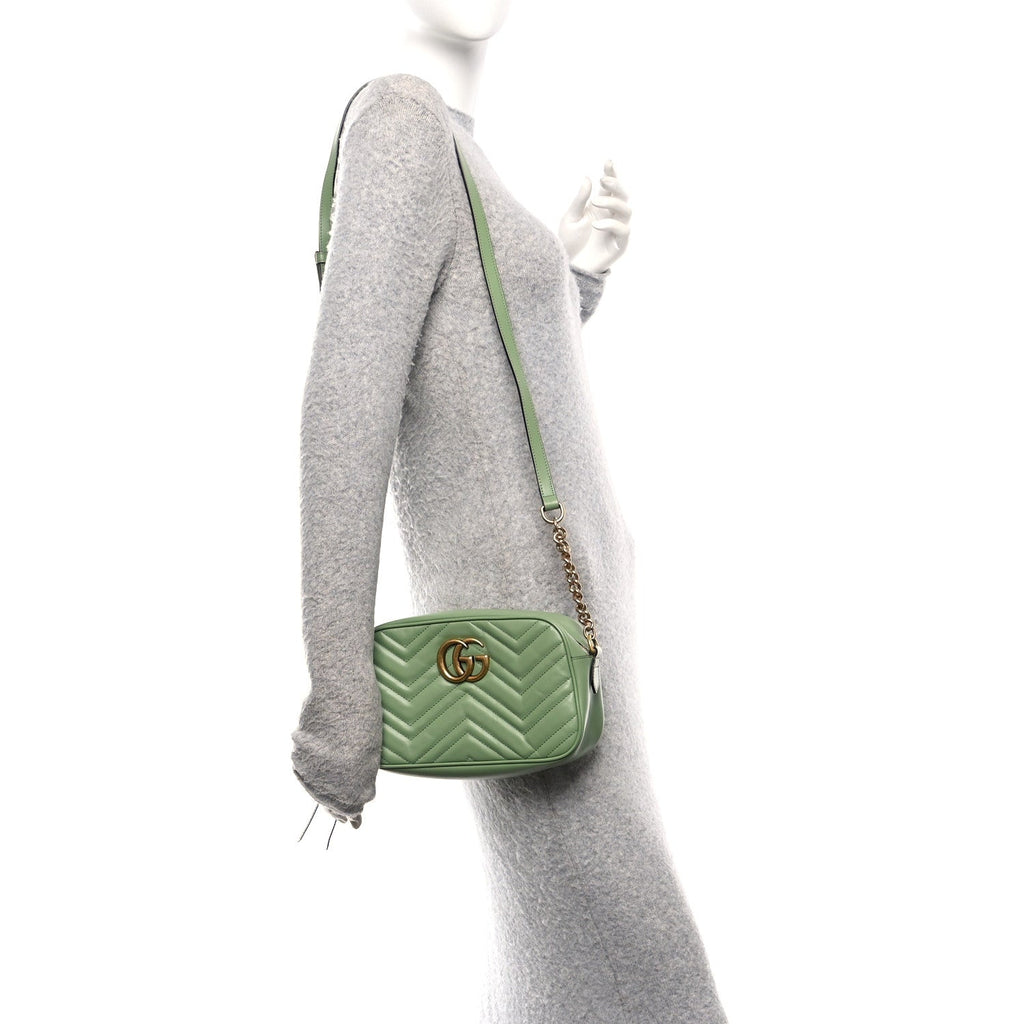 Gucci Calfskin Matelasse Small GG Marmont Chain Shoulder Bag Salamander Green