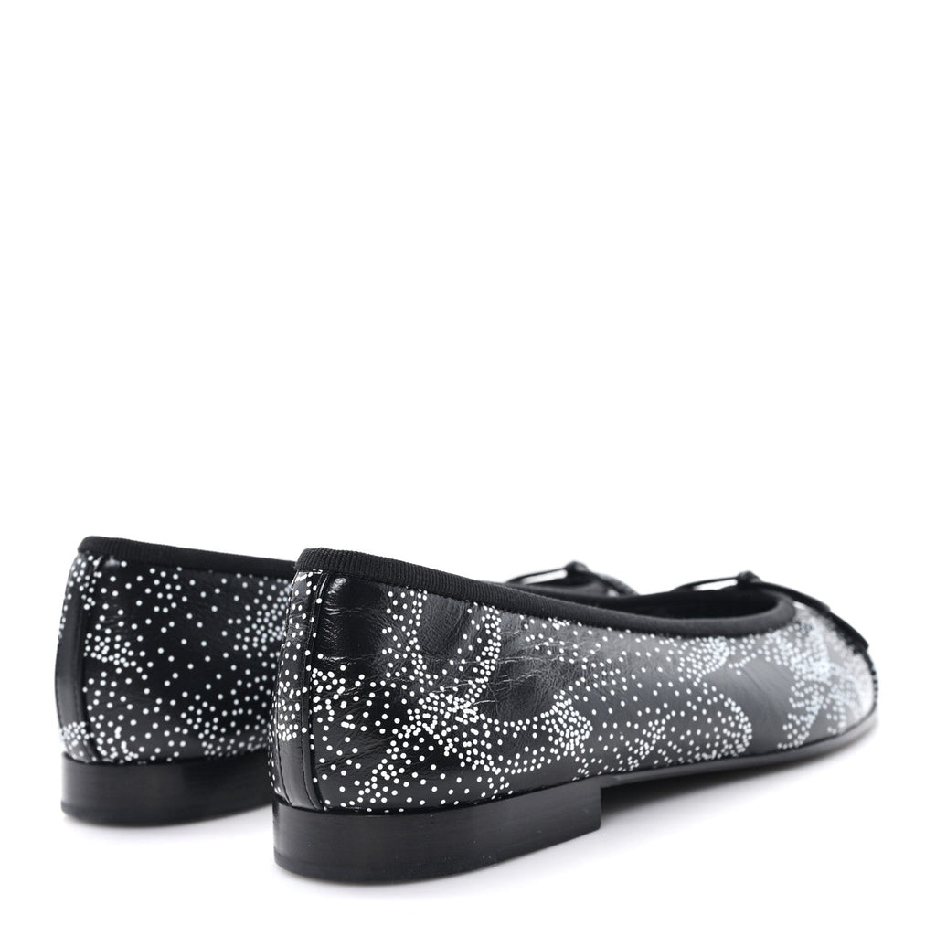 Calfskin Camellia Printed Cap Toe Ballerina Flats 36 Black White