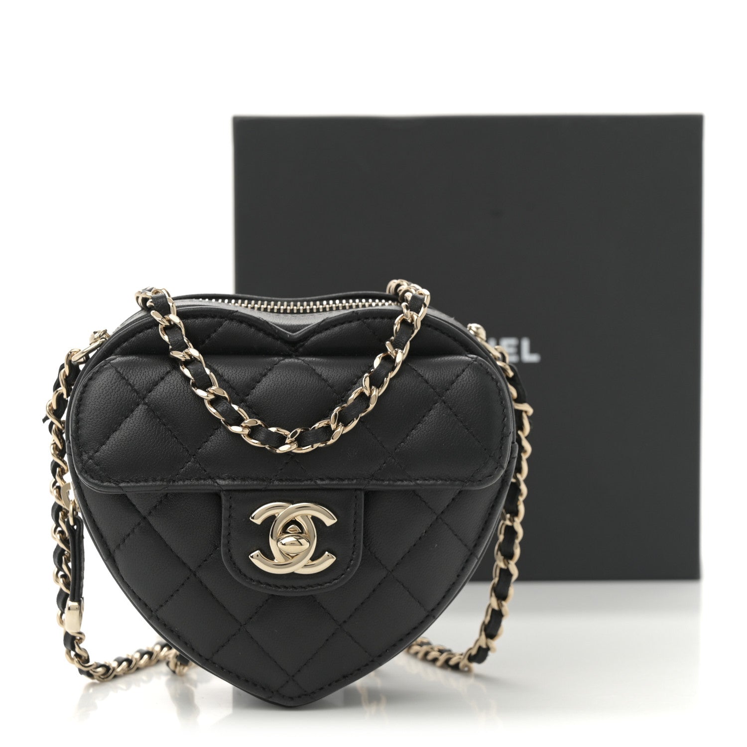 Chanel Lambskin Quilted CC In Love Heart Clutch With Chain  Black