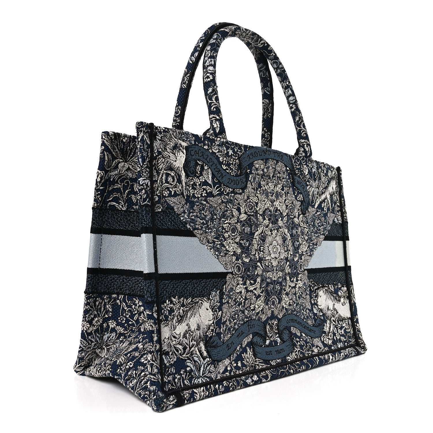 Christian Dior Canvas Embroidered Medium Around The World Book Tote Blue