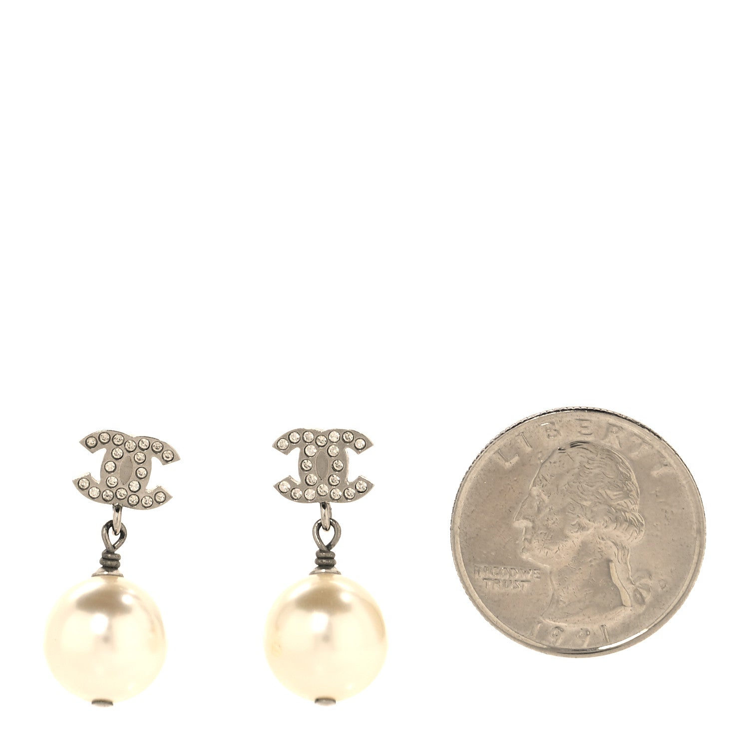 Crystal Pearl CC Drop Earrings Silver Pearly White