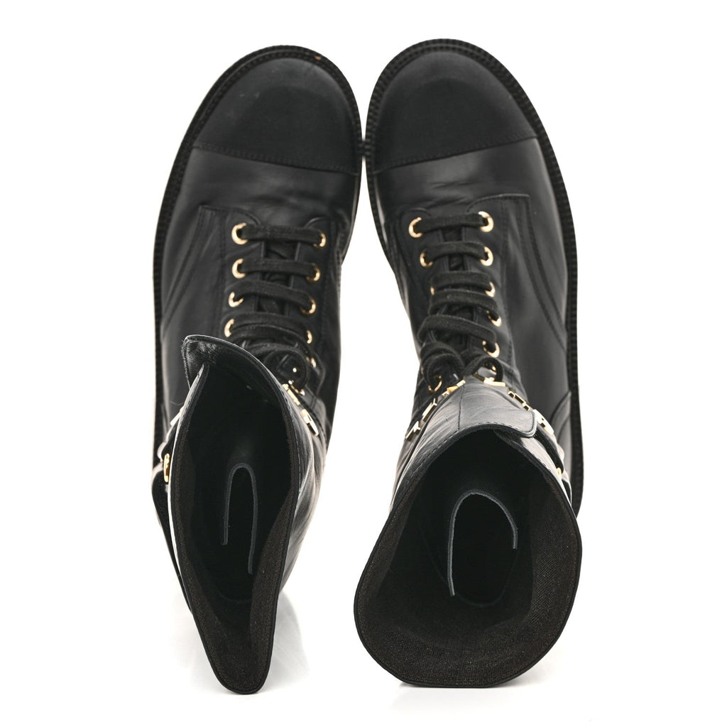 Chanel Shiny Calfskin Lace Up Combat Boots 37 Black