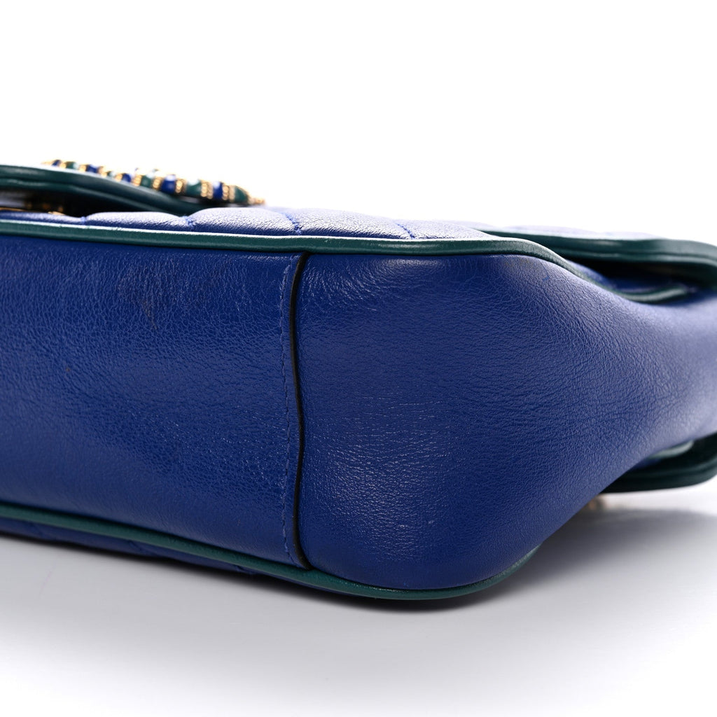 Gucci Azalea Calfskin Enamel Matelasse Diagonal Small Torchon GG Marmont Shoulder Bag Imperial Blue Pavone