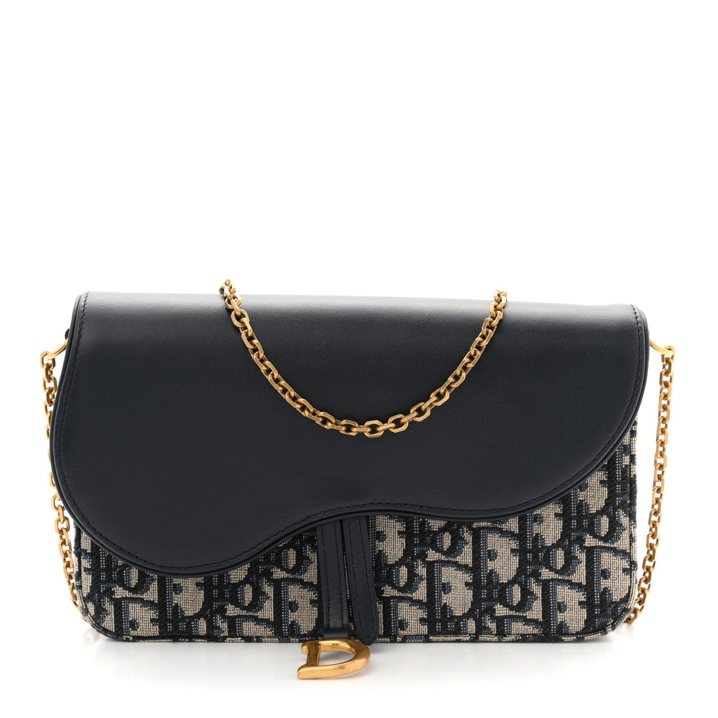 Christian Dior Oblique Smooth Calfskin Medium Saddle Pouch With Chain Blue