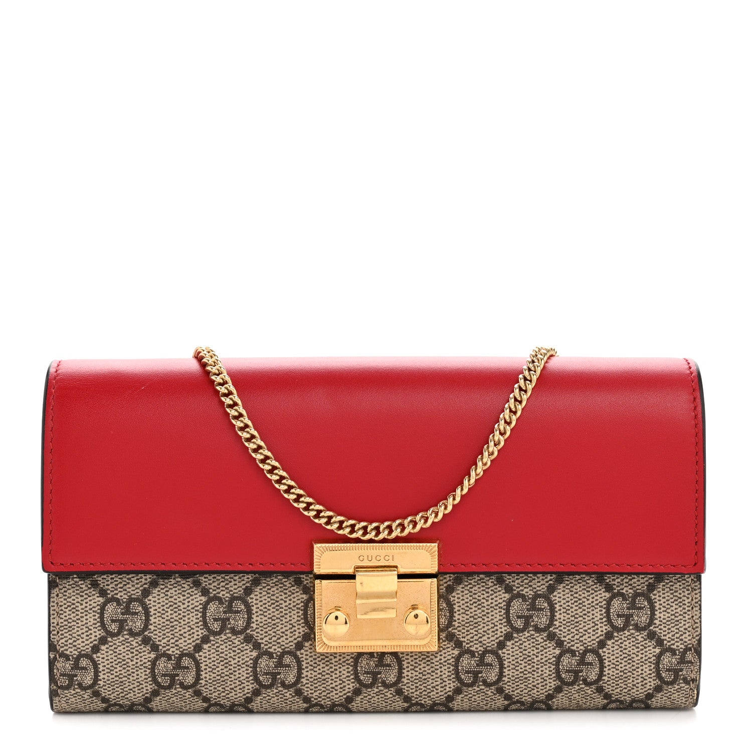 Gucci GG Supreme Monogram Moon Calfskin Padlock Continental Chain Wallet Beige Ebony Hibiscus Red New Rosette