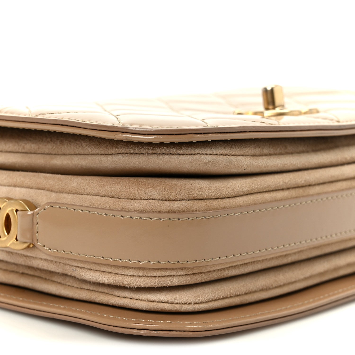Chanel Shiny Calfskin Quilted Suede Goatskin Mini Messenger Beige