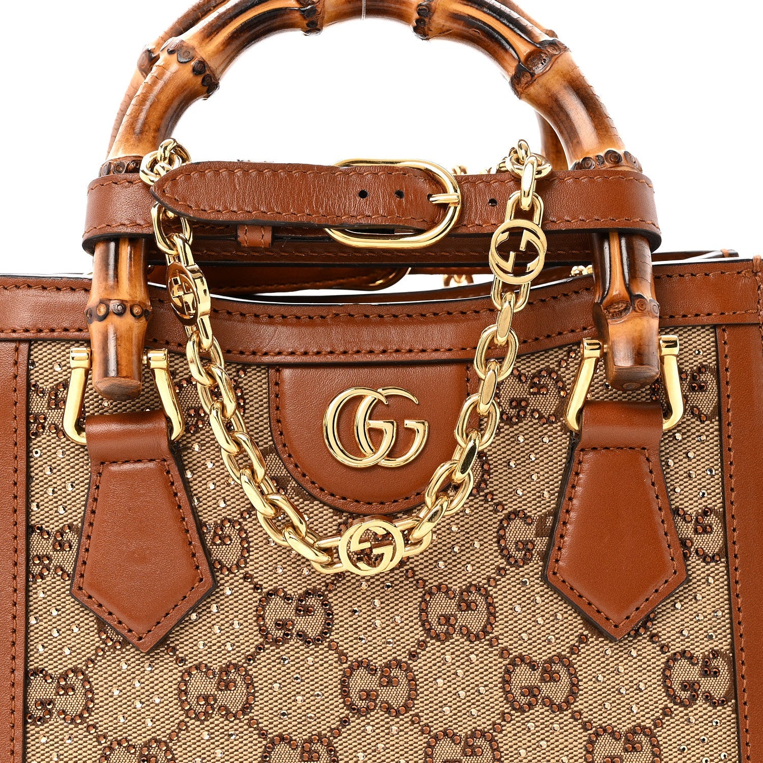 Gucci New Canvas Charisma Calfskin Crystal GG Monogram Mini Diana Tote Bag Camel Ebony