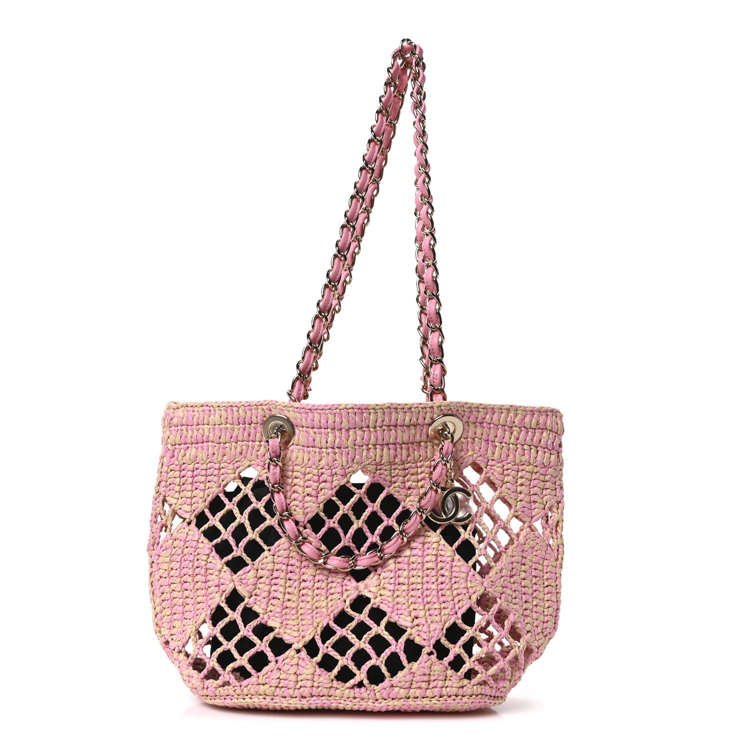 Chanel Raffia Effect Braided Small Shopping Bag Beige Pink