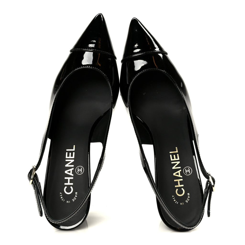 Patent Calfskin Cap Toe CC Slingback Pumps 36 Black