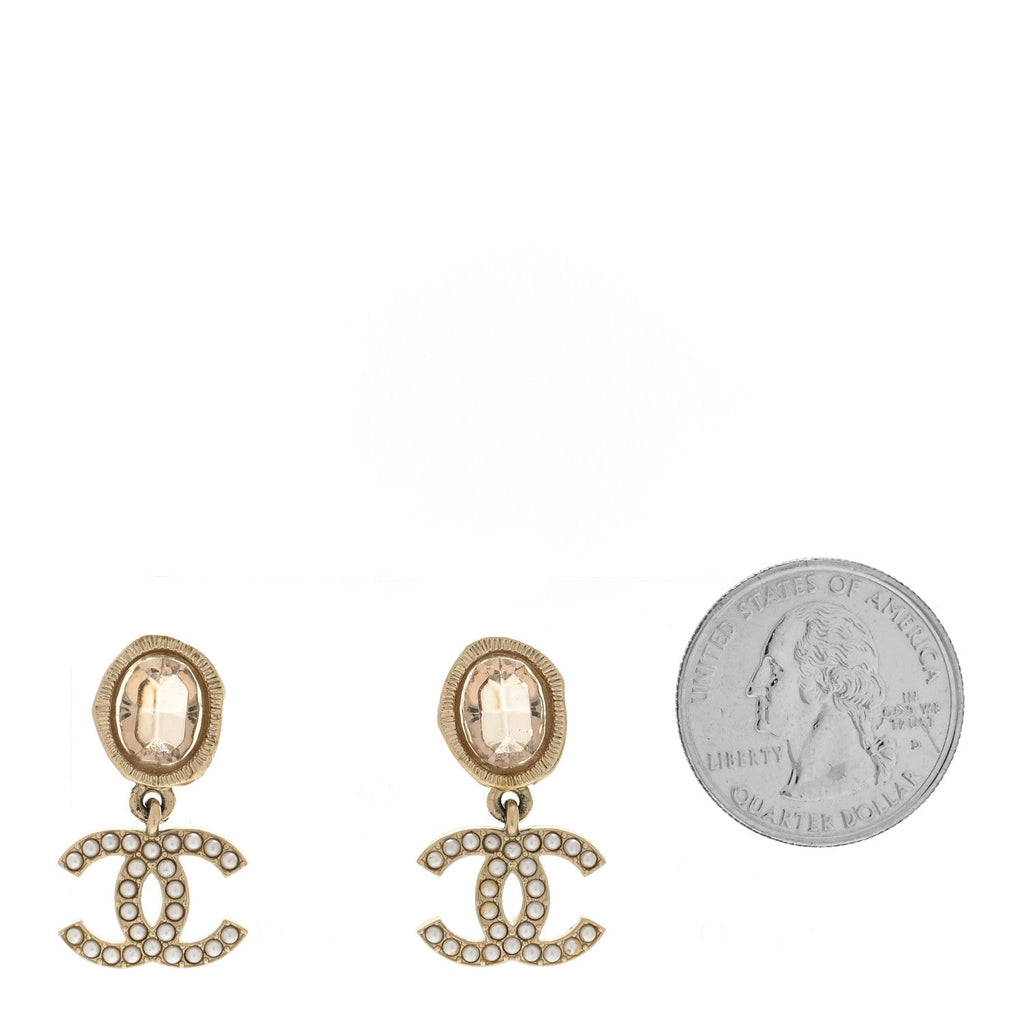 Crystal Pearl CC Drop Earrings Pink Gold