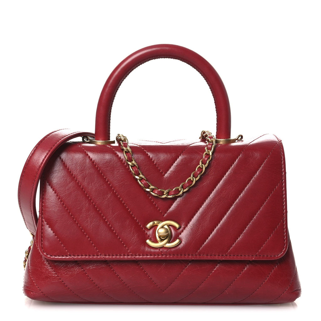 Chanel Aged Calfskin Chevron Quilted Mini Coco Handle Flap Red