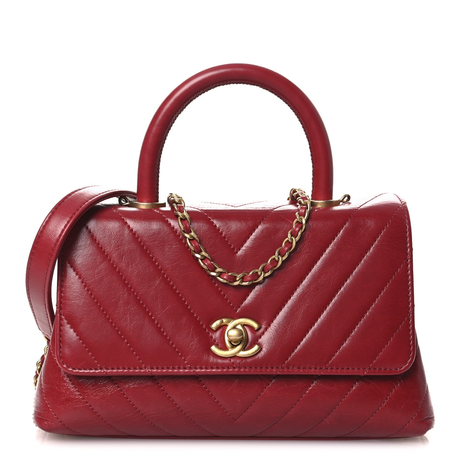 Chanel Aged Calfskin Chevron Quilted Mini Coco Handle Flap Red