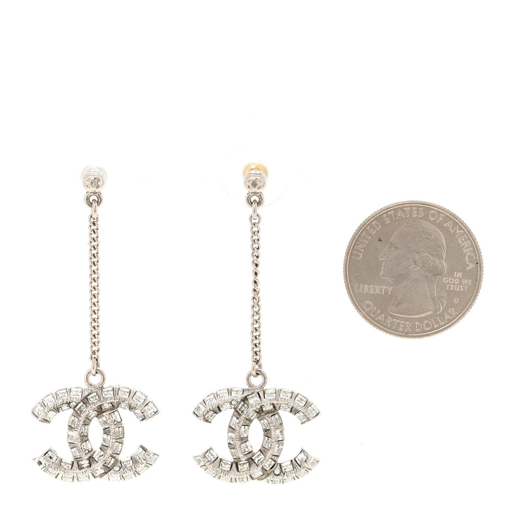 Baguette Crystal CC Drop Earrings Silver
