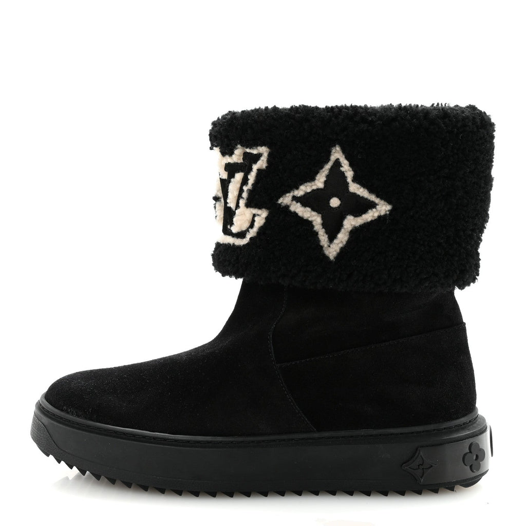 Louis Vuitton Suede Calfskin Shearling Snowdrop Flat Ankle Boot 37.5 Black