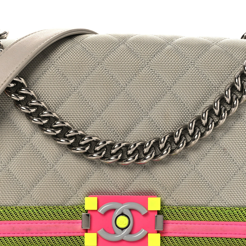 Chanel Canvas Quilted Medium Fluo Boy Flap Dark Grey Fuchsia Green