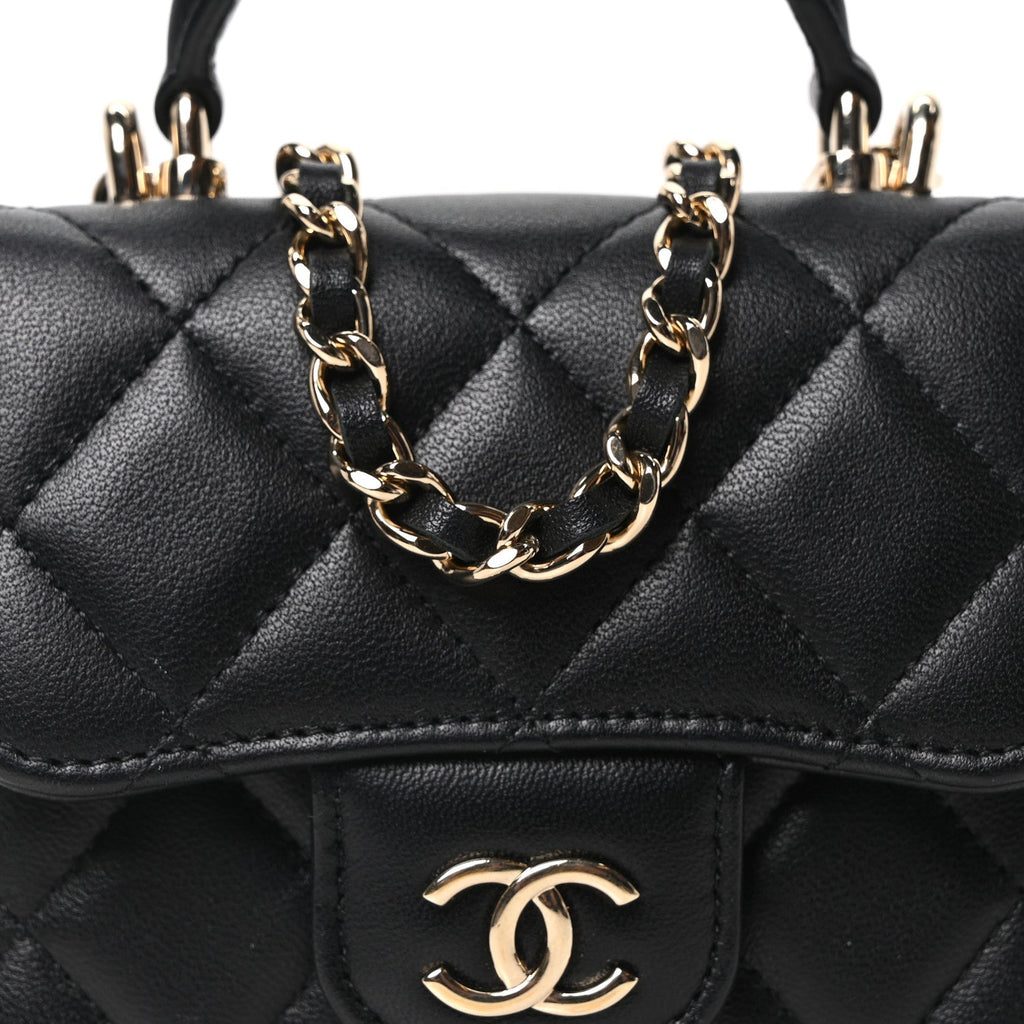 Chanel Lambskin Quilted Top Handle Flap Clutch With Chain Black