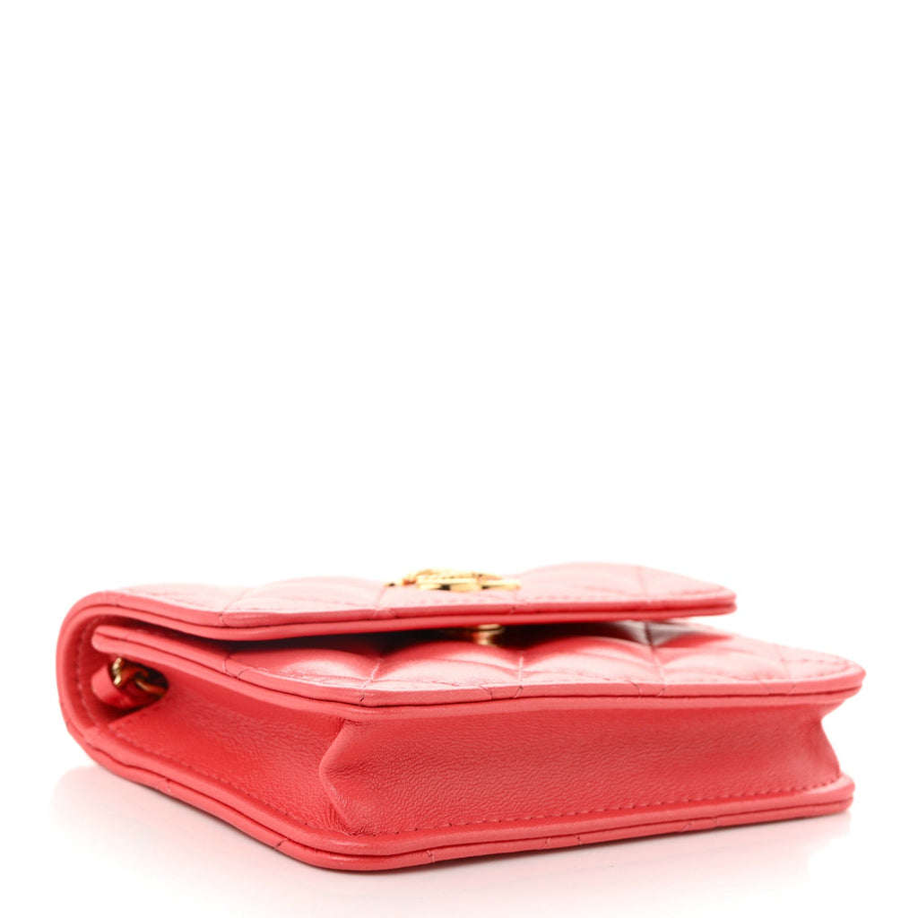 Chanel Shiny Lambskin Quilted Card Holder On Chain Pink