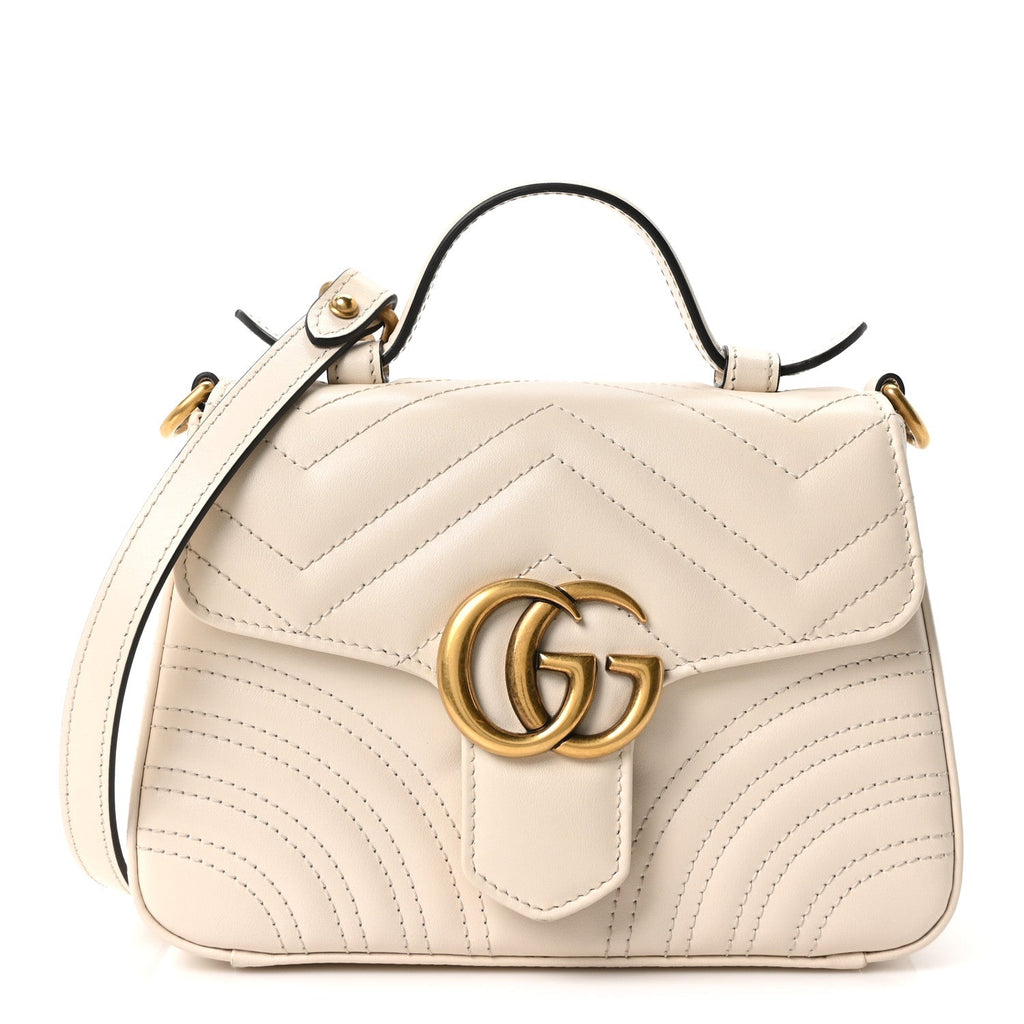 Gucci Calfskin Matelasse Mini GG Marmont Top Handle Shoulder Bag White