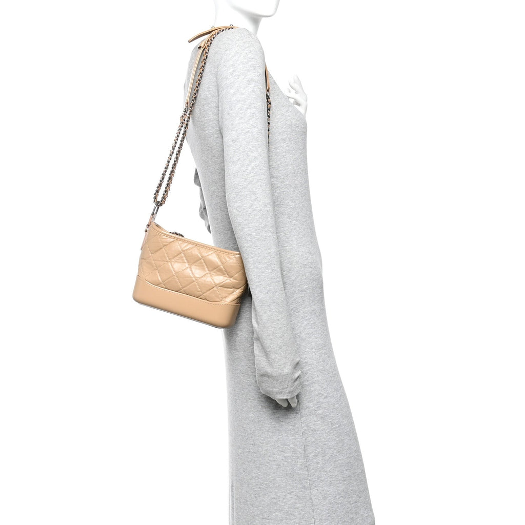 Chanel Aged Calfskin Quilted Small Gabrielle Hobo Beige