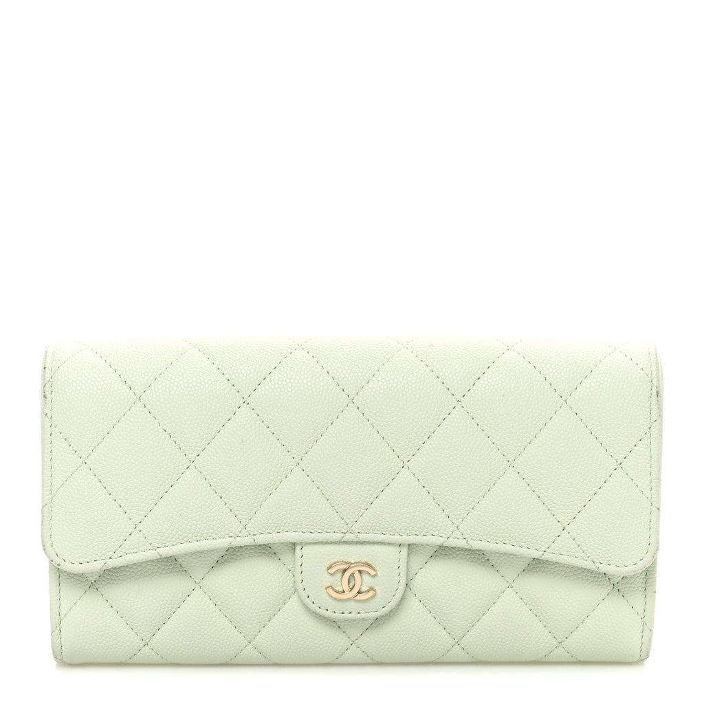 Caviar Quilted Large Gusset Flap Wallet Light Green