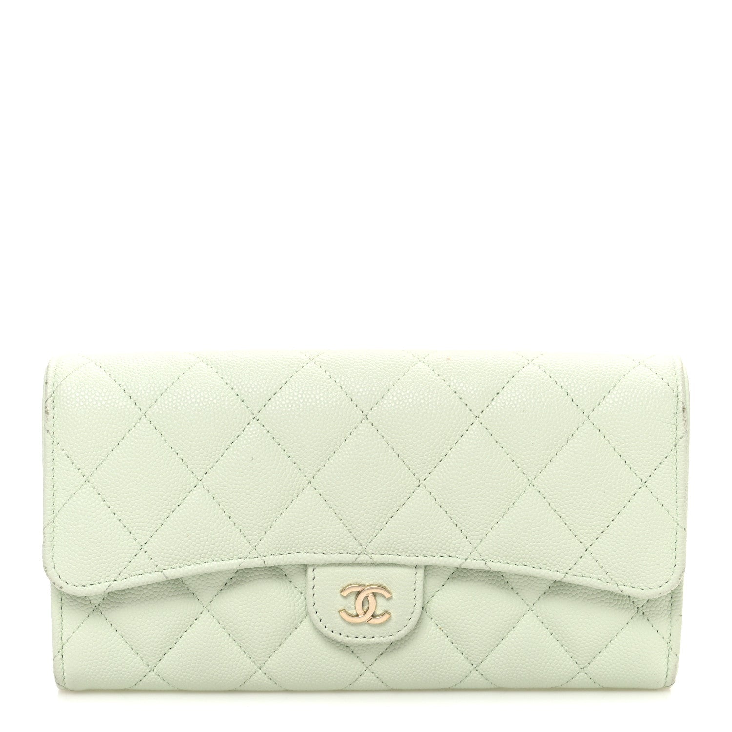 Caviar Quilted Large Gusset Flap Wallet Light Green