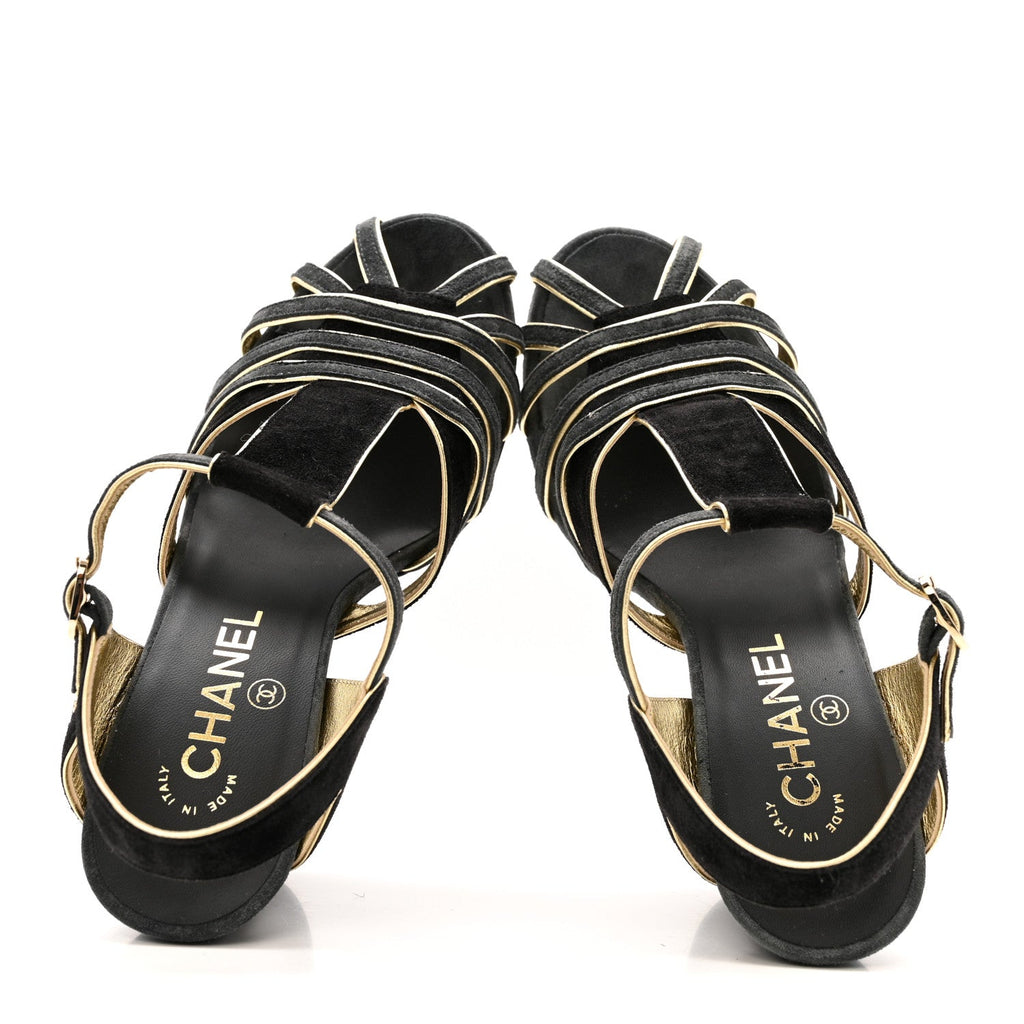 Chanel Suede Calfskin Peep Toe Ankle Strap Pumps 37 Black Grey